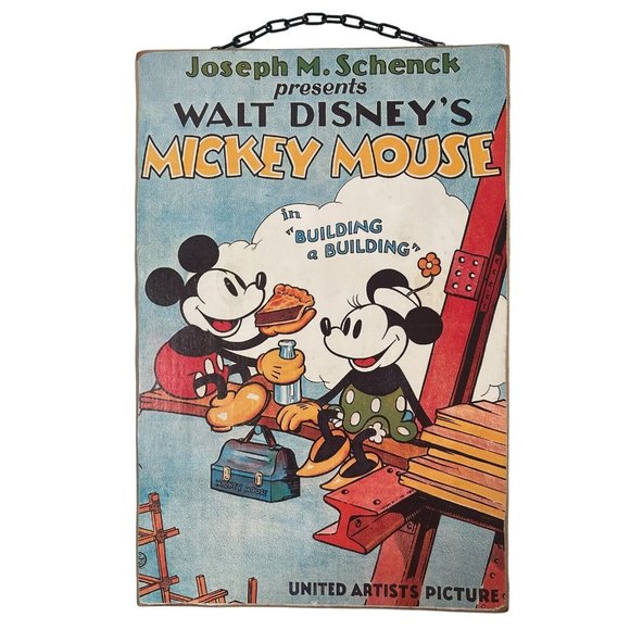 Vintage Walt Disney Mickey Mouse Building a Building Movie Poster Wood Plaque - Picture 2 of 10